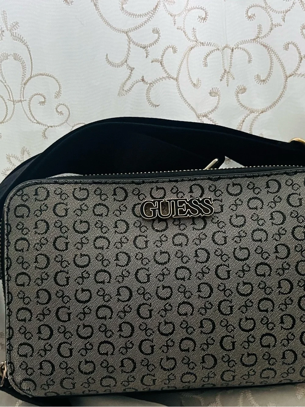 GUESS Monogram Messenger Bag in Beige and Black